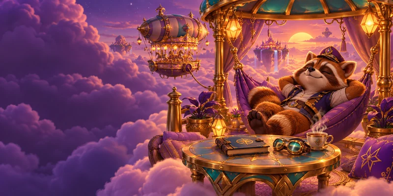 The raccoon captain takes a quiet break in a violet cloud hammock beside a closed flight map
