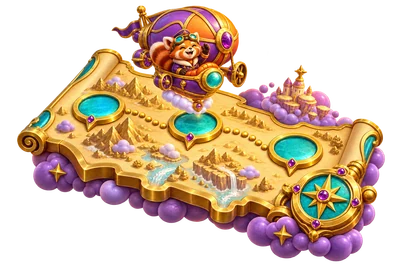 A physical golden flight map connects three turquoise destination wells beside a tiny carnival airship