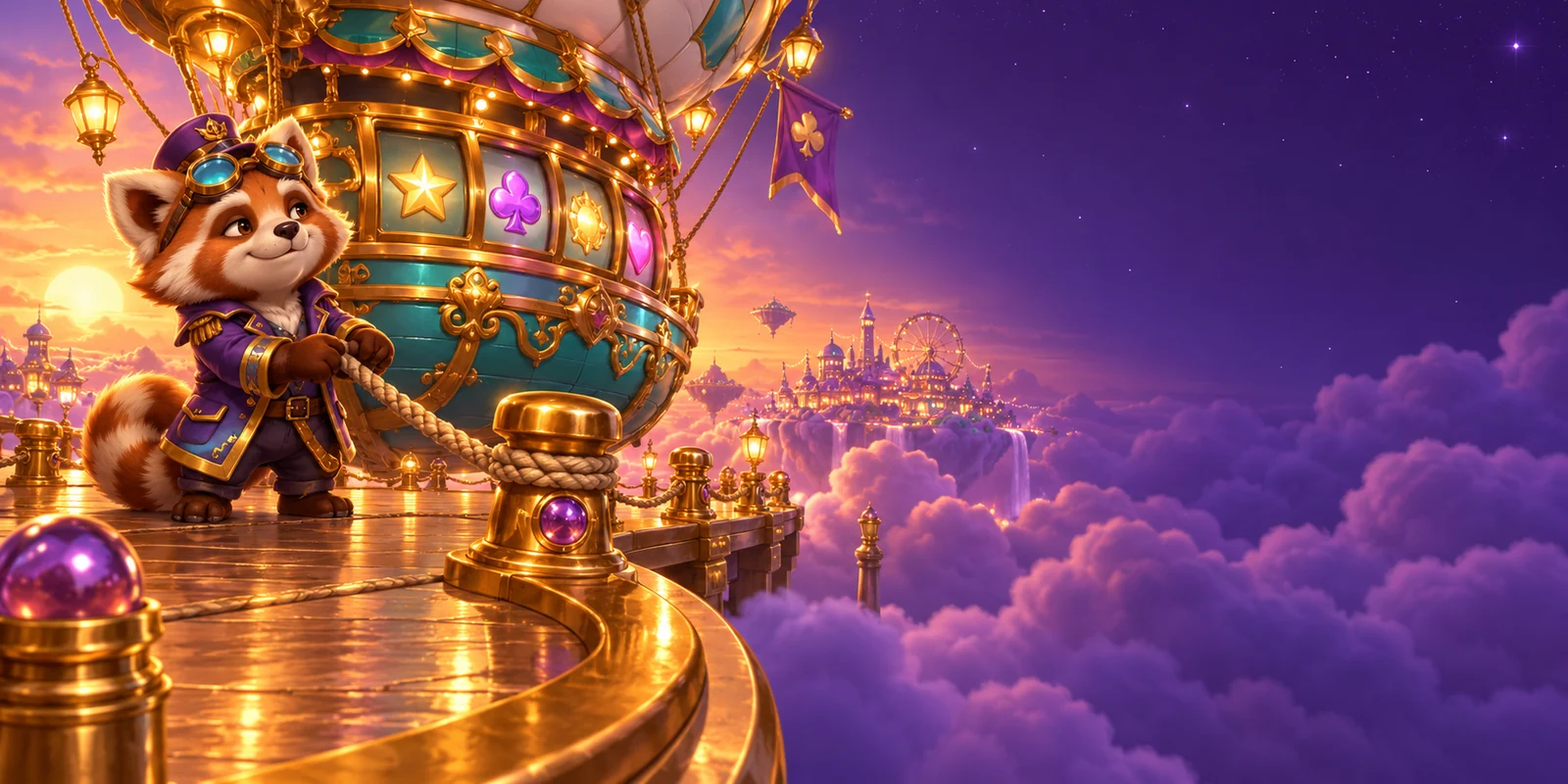 The raccoon captain moors the turquoise carnival airship at a golden cloud dock at sunset